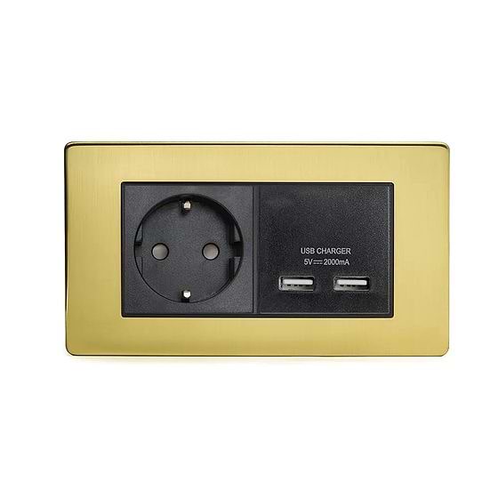 The Savoy Collection Brushed Brass 2 Gang European Schuko Socket with USB Blk Ins Screwless