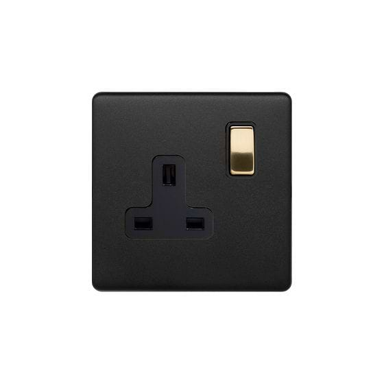 The Camden Collection Matt Black & Brushed Brass 13A 1 Gang Switched Socket, DP Black Insert Screwless