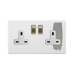 Soho Lighting Primed Paintable 2 Gang Socket 13A Double Pole with with Brushed Brass Switch with White Insert