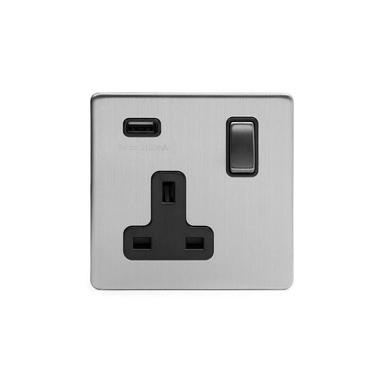 The Lombard Collection Brushed Chrome 1 Gang 13A SP Socket with USB-A 2.1A