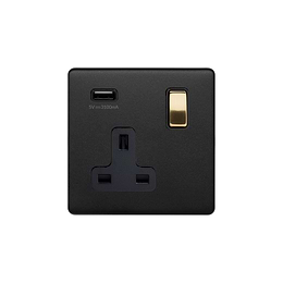 The Camden Collection Matt Black & Brushed Brass 1 Gang 13A SP Socket with USB-A 3.1A 