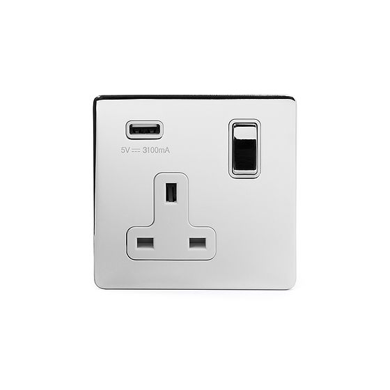 The Finsbury Collection Polished Chrome 1 Gang 13A SP Socket with USB-A 3.1A