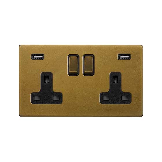 The Belgravia Collection Old Brass 2 Gang 13A SP Socket with 2 x USB-A 3.1A