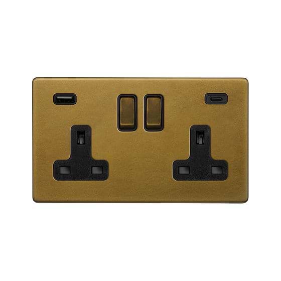 The Belgravia Collection Old Brass 2 Gang USB A+C Socket (13A Socket + 2 USB Ports A+C 3.1A)