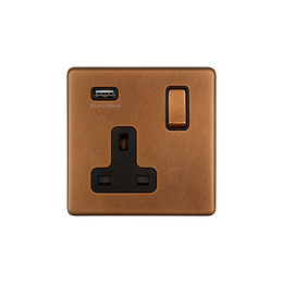 The Chiswick Collection Antique Copper 13A 1 Gang Double Pole Switched USB-A Socket (USB Output 2.1amp)