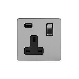 Soho Lighting Brushed Chrome 13A 1 Gang DP USB Switched Socket (USB Output 2.1amp) Blk Ins Screwless