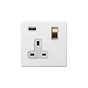 Soho Lighting Primed Paintable 13A 1 Gang Double Pole Switched USB Socket (USB Output 2.1amp) with Brushed Brass Switch with White Insert