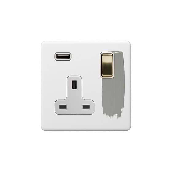 Soho Lighting Primed Paintable 13A 1 Gang Double Pole Switched USB Socket (USB Output 2.1amp) with Brushed Brass Switch with White Insert