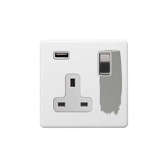 Soho Lighting Primed Paintable 13A 1 Gang Double Pole Switched USB Socket (USB Output 2.1amp) with Brushed Chrome Switch and White Insert