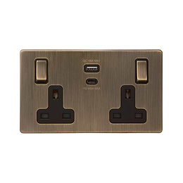 The Charterhouse Collection Antique Brass 13A 2 Gang Super Fast Charge 45W USB A+C Socket