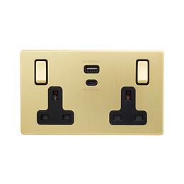 The Savoy Collection Brushed Brass with Black Insert 13A 2 Gang Super Fast Charge 45W USB A+C Socket