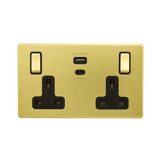 The Savoy Collection Brushed Brass with Black Insert 13A 2 Gang Super Fast Charge 45W USB A+C Socket