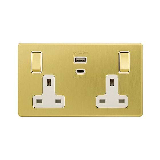 The Savoy Collection Brushed Brass with White Insert 13A 2 Gang Super Fast Charge 45W USB A+C Socket