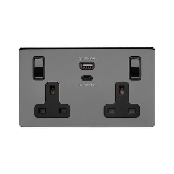 The Connaught Collection Black Nickel 13A 2 Gang Super Fast Charge 45W USB A+C Socket