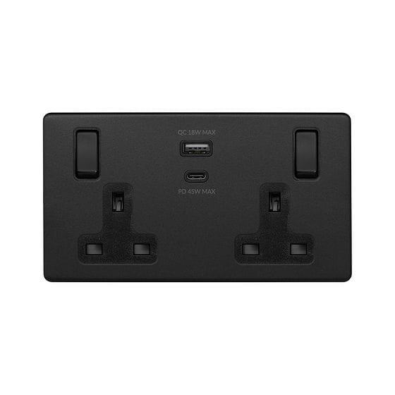 Soho Lighting Matt Black 13A 2 Gang Super Fast Charge 45W USB A+C Socket