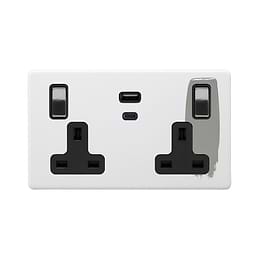 Soho Lighting Primed Paintable 13A 2 Gang Super Fast Charge 45W USB A+C Socket with Brushed Chrome Switch and Black Insert