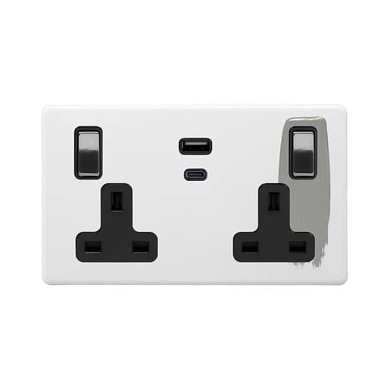 Soho Lighting Primed Paintable 13A 2 Gang Super Fast Charge 45W USB A+C Socket with Brushed Chrome Switch and Black Insert