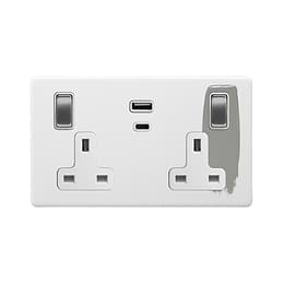 Soho Lighting Primed Paintable 13A 2 Gang Super Fast Charge 45W USB A+C Socket with Brushed Chrome Switch and White Insert