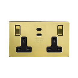 Soho Lighting Brushed Brass 2 Gang 65W USB C+C Socket (13A Socket + 2 USB C Ports) 
