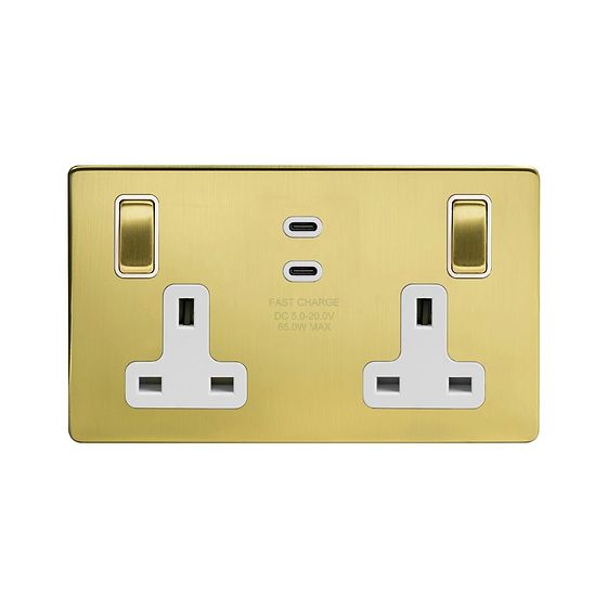 Soho Lighting Brushed Brass 2 Gang 65W USB C+C Socket (13A Socket + 2 USB C Ports)