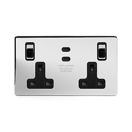 Soho Lighting Polished Chrome 2 Gang 65W USB C+C Socket (13A Socket + 2 USB C Ports)  Black Inserts