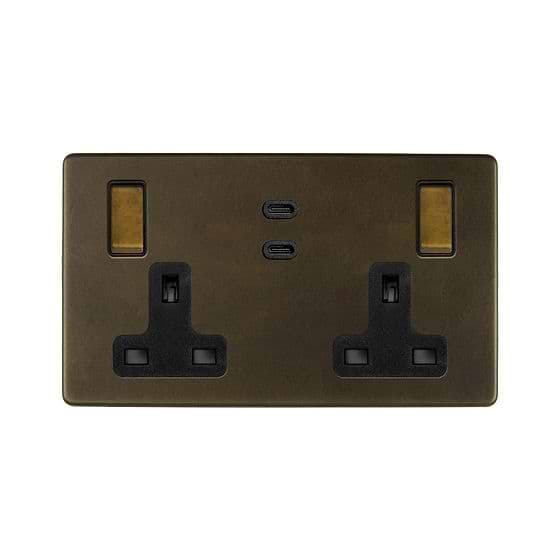 Soho Lighting Vintage Brass 2 Gang 65W USB C+C Socket (13A Socket + 2 USB C Ports) 