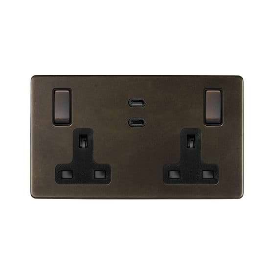 Soho Lighting Vintage Brass 2 Gang 65W USB C+C Socket (13A Socket + 2 USB C Ports) 