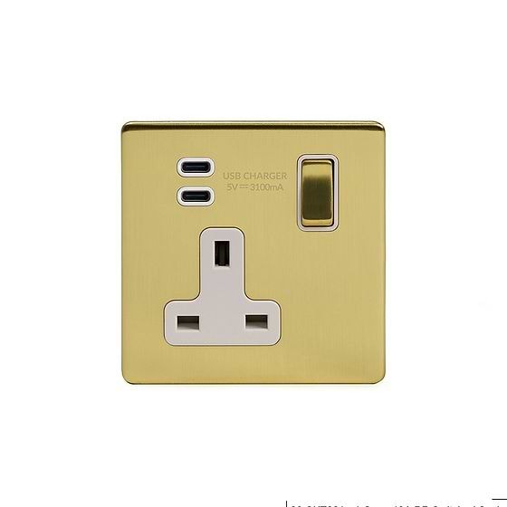 Soho Lighting Brushed Brass 1 Gang USB C+C Socket (13A Socket + 2 USB C 3.1A Ports) 