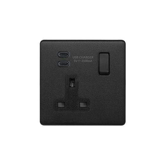 Soho Lighting Matt Black 1 Gang USB C+C Socket (13A Socket + 2 USB C 3.1A Ports) 