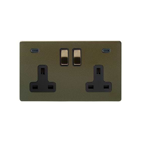 Soho Lighting Bronze 2 Gang USB C+C Socket (13A Socket + 2 USB C 4.8A Ports)  - Black Insert