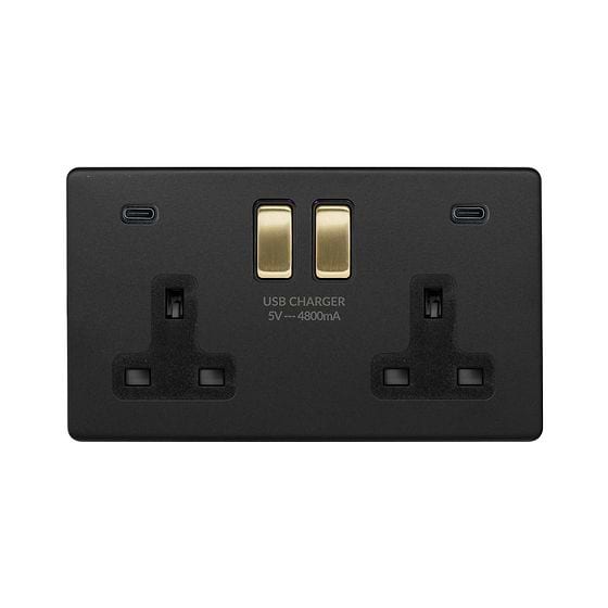 Matt Black and Brass 2 Gang USB C Socket

