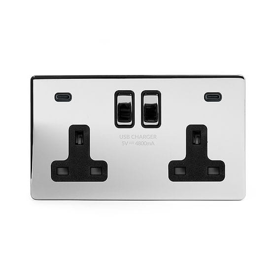 Soho Lighting Polished Chrome 2 Gang USB C+C Socket (13A Socket + 2 USB C 4.8A Ports) 