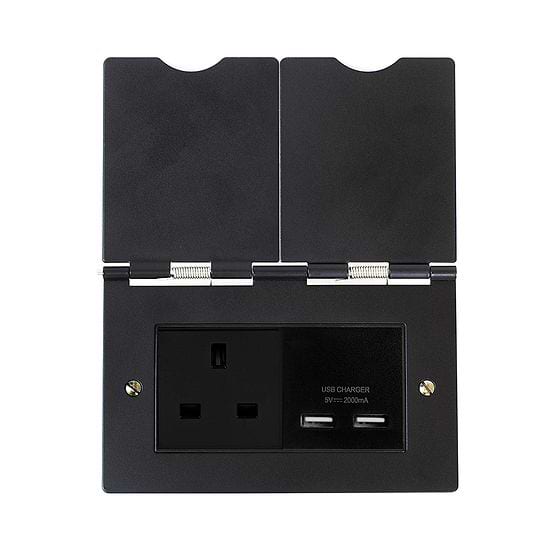 The Camden Collection Matt Black Screwless Double Floor Outlet 13Amp Socket & USB Charger