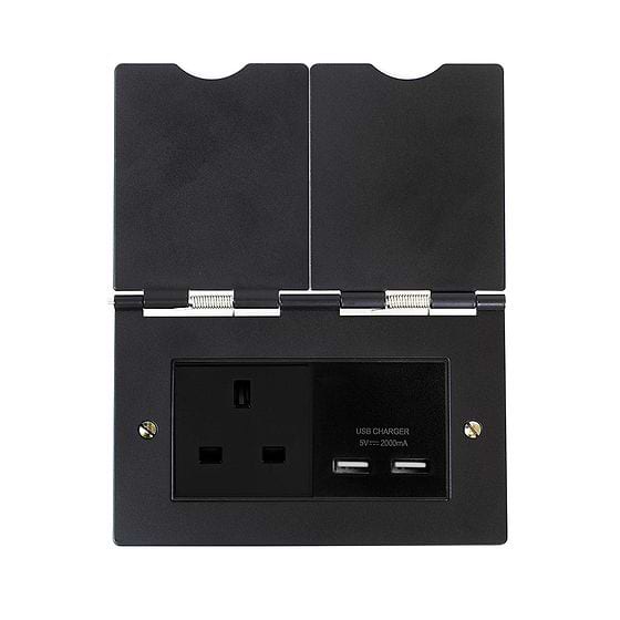 The Camden Collection Matt Black Screwless Double Floor Outlet 13A Socket & USB Charger