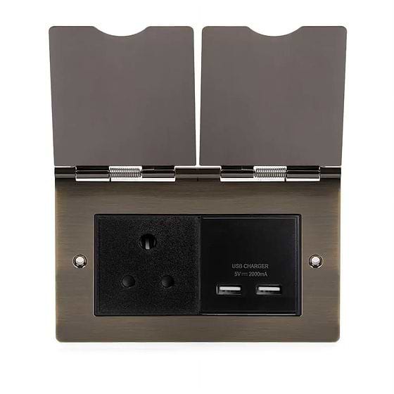 The Charterhouse Collection Screwless Double Floor Outlet 5Amp Socket & USB Charger Antique Brass