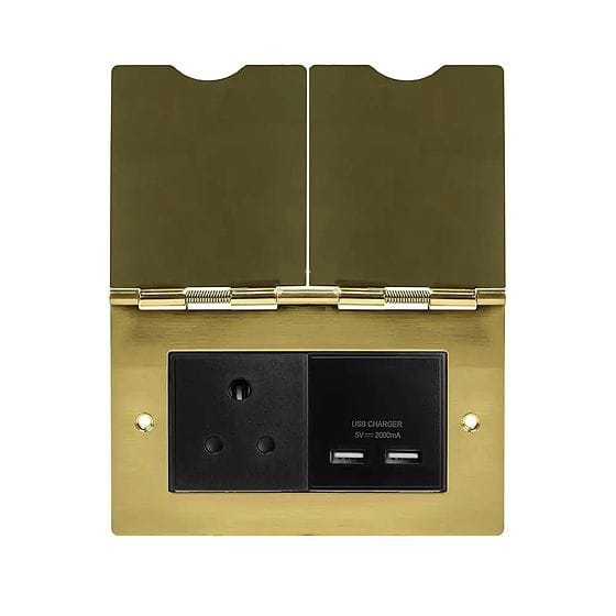 The Savoy Collection Brushed Brass Screwless Double Floor Outlet 5Amp Socket & USB Charger - Blk Ins