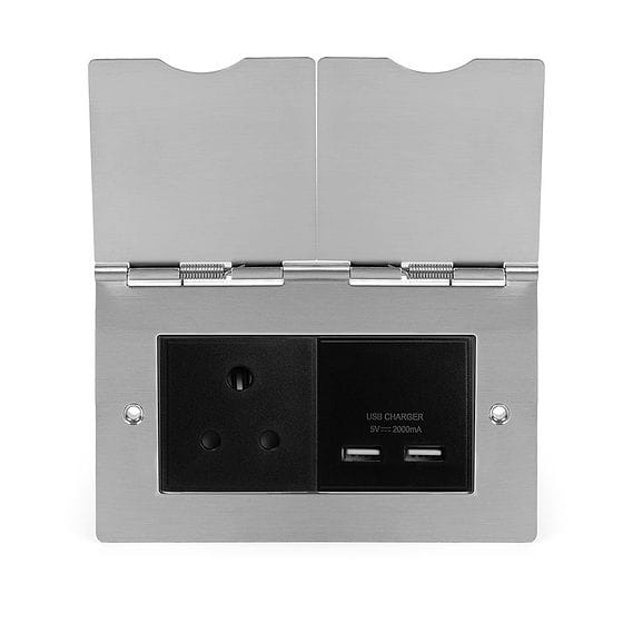 Soho Lighting Brushed Chrome Screwless Double Floor Outlet 5Amp Socket & USB Charger - Blk Ins