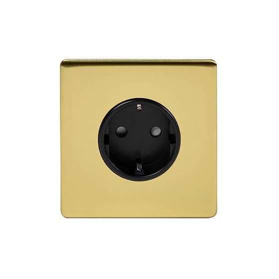The Savoy Collection Brushed Brass 16A 1 Gang Euro Schuko Socket Blk Ins Screwless