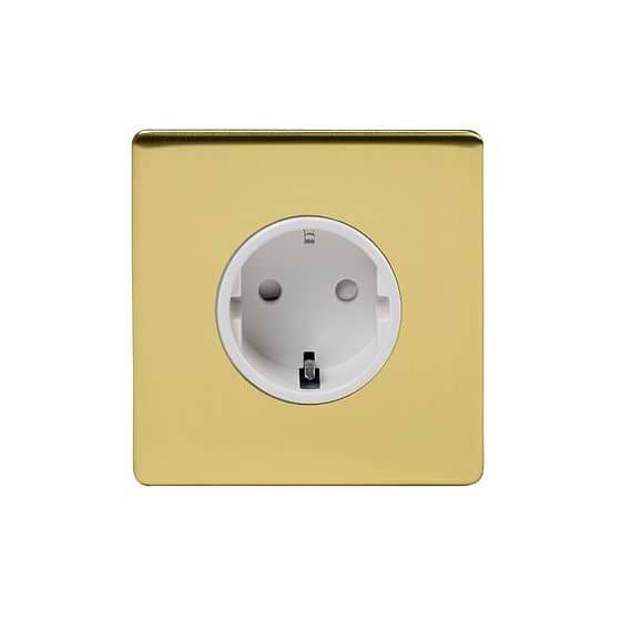 The Savoy Collection Brushed Brass 16A 1 Gang Euro Schuko Socket Wht Ins Screwless