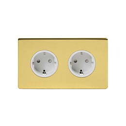The Savoy Collection Brushed Brass 16A 2 Gang Euro Schuko Socket Wht Ins Screwless