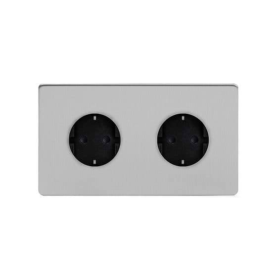 The Lombard Collection Brushed Chrome 16A 2 Gang Euro Schuko Socket Blk Ins Screwless