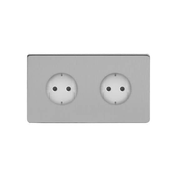 The Lombard Collection Brushed Chrome 16A 2 Gang Euro Schuko Socket Wht Ins Screwless