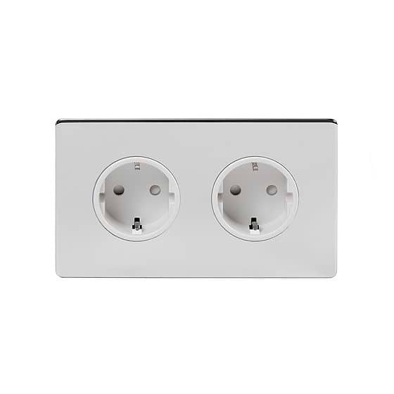 The Finsbury Collection Polished Chrome 16A 2 Gang Euro Schuko Socket Wht Ins Screwless