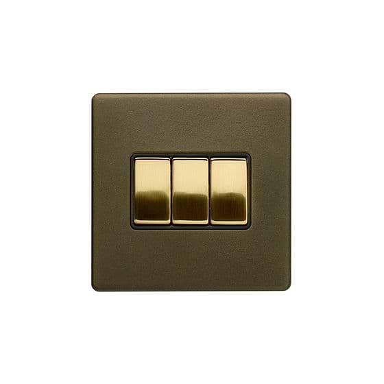 Soho Lighting Bronze & Brushed Brass 10A 3 Gang 2 Way Switch Black Inserts Screwless
