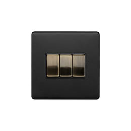 Matt Black and Antique Brass 3 Gang Light Switch