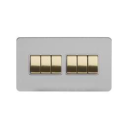 Soho Lighting Brushed Chrome & Brushed Brass 10A 6 Gang 2 Way Switch White Inserts Screwless