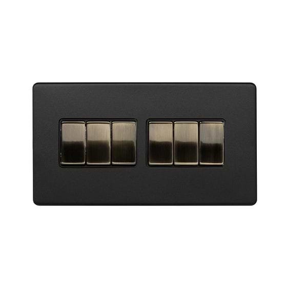 Matt Black and Antique Brass 6 Gang Light Switch
