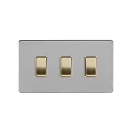 Soho Lighting Brushed Chrome & Brushed Brass 10A 3 Gang Switch on Double Plate 2 Way Screwless 