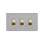 Soho Lighting Brushed Chrome & Brushed Brass 10A 3 Gang Switch on Double Plate 2 Way Screwless 