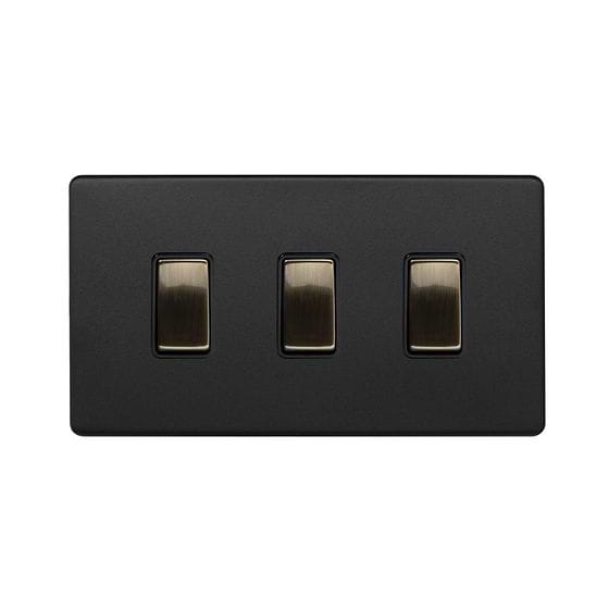 Matt Black and Antique Brass 3 Gang Switch on Double Plate
